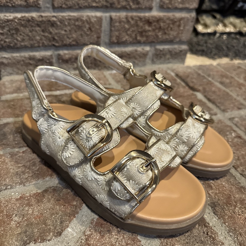 DV Dolve Vita Allanie Floral Embroidered Double Gold Buckle Sandals Girls Size 4